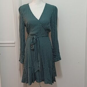 Loft Womens Long Sleeve Green‎ White Polka Dot V-Neck Wrap Mini Dress Sz 4